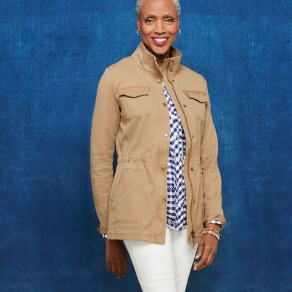 Talbots Stretch Twill Khaki Tan Cinch Waist Zip & Snap Front Field Jacket - Picture 2 of 16